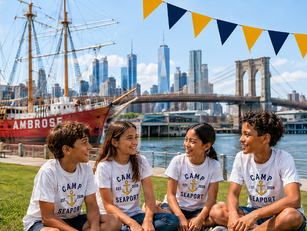 Camp Seaport campers together on the lawn with the NYC skyline behind