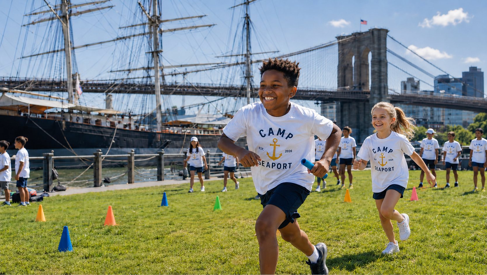 Camp Seaport campers racing on the Seaport lawn with the tall ship and Brooklyn Bridge behind them